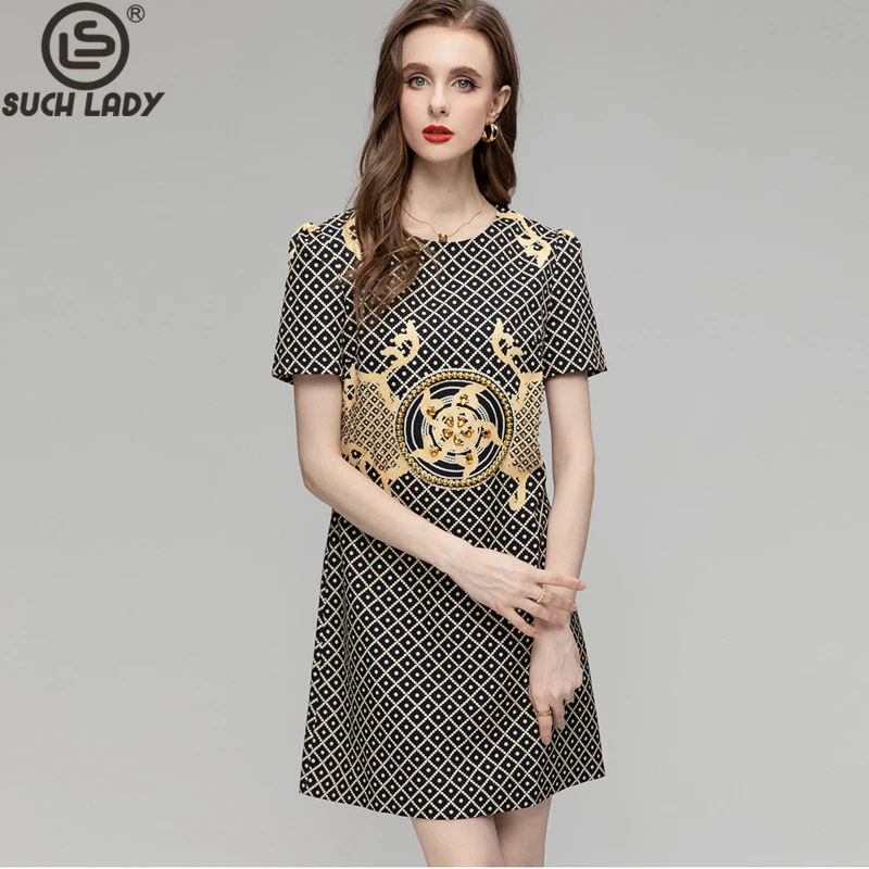 Women's Runway Dresses O Neck Short Sleeves Printed Beaded Elegant High Street A Line Mini Vestidos
Women's Runway Dresses O Neck Short Sleeves Printed Beaded Elegant High Street A Line Mini Vestidos
