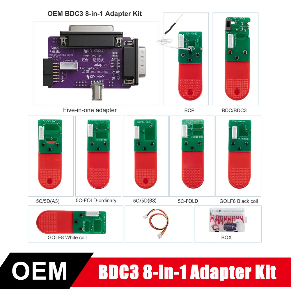 OEM BDC3 8-in-1 Adapter Kit for VAG 5C 5D Encrypted Key Programming & Matching Work with Autel/ KD-X4/ KD-MAX/ VVDI Key Tool Plus/ VVDI2 etc
OEM BDC3 8-in-1 Adapter Kit for VAG 5C 5D Encrypted Key Programming & Matching Work with Autel/ KD-X4/ KD-MAX/ VVDI Key Tool Plus/ VVDI2 etc