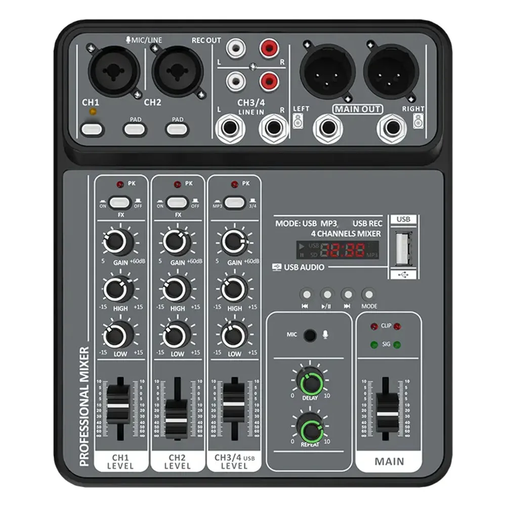 4CH Professional Mixer w/ USB MP3 Rec, Digital Display, Mic Input for Home KTV, Studio, Live Streaming
4CH Professional Mixer w/ USB MP3 Rec, Digital Display, Mic Input for Home KTV, Studio, Live Streaming