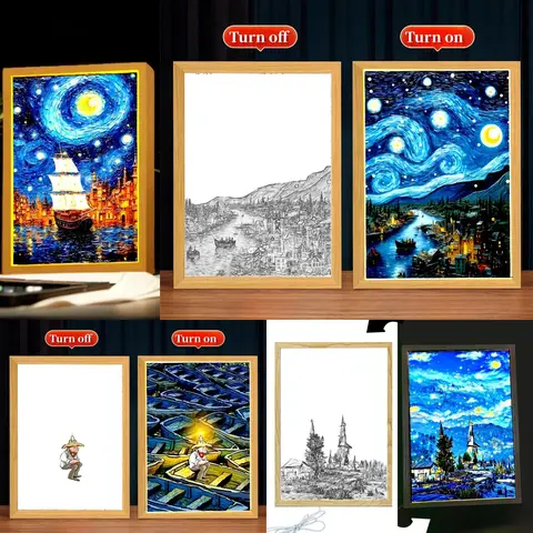 Van Gogh-pintura de luz de cielo estrellado, marco de imagen, luz Led nocturna, lámpara de Luna, arte de pared, Oficina, dormitorio, decoración de la habitación del hogar, regalos para amigos