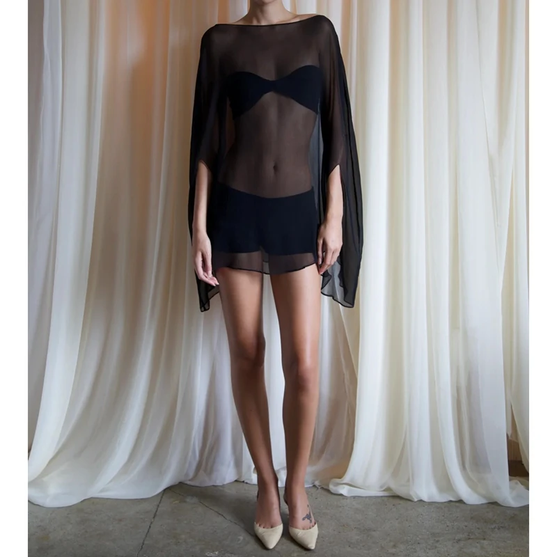 Womens Sheer Chiffon Cape Sleeve Top Batwing Boat Neck Loose Flowy See Thru Blouse Bikini Cover Up Vacation Beachwear
Womens Sheer Chiffon Cape Sleeve Top Batwing Boat Neck Loose Flowy See Thru Blouse Bikini Cover Up Vacation Beachwear