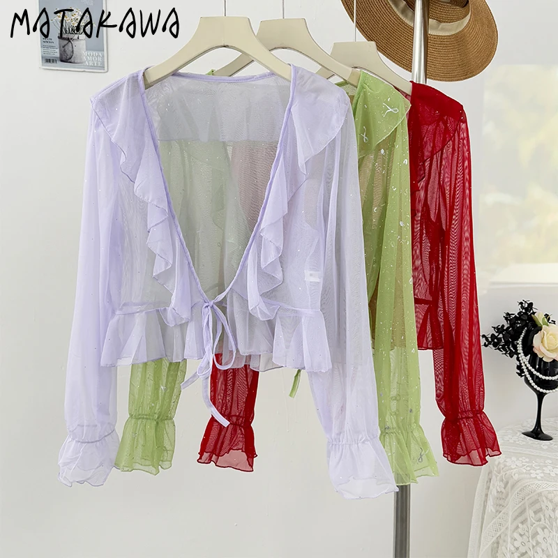 Matakawa Shiny Chiffon Blouses Ruffles Lace Up Solid Spring Summer Sunscreen Women Shirts Korean Fashion Bows Blusas Mujer
Matakawa Shiny Chiffon Blouses Ruffles Lace Up Solid Spring Summer Sunscreen Women Shirts Korean Fashion Bows Blusas Mujer