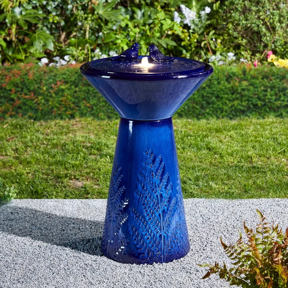27.5"H Outdoor Garden Water Fountain with LED Lights and Pump, Cobalt Blue Two Birds Embossed Plant Pattern Pedestal Ceramic Fl
27.5"H Outdoor Garden Water Fountain with LED Lights and Pump, Cobalt Blue Two Birds Embossed Plant Pattern Pedestal Ceramic Fl