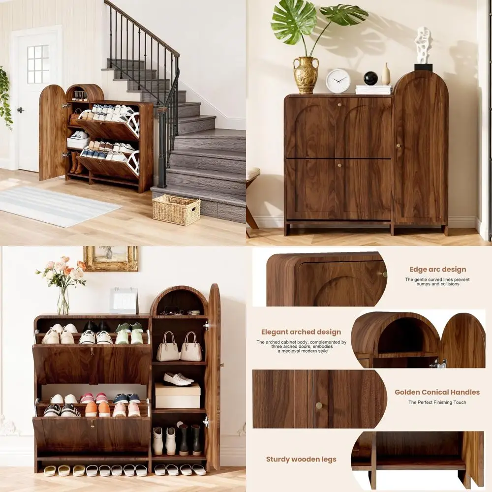 Walnut-Finished Arched Cabinet with Hidden Shoe Storage for Entryway in Century Style
Walnut-Finished Arched Cabinet with Hidden Shoe Storage for Entryway in Century Style