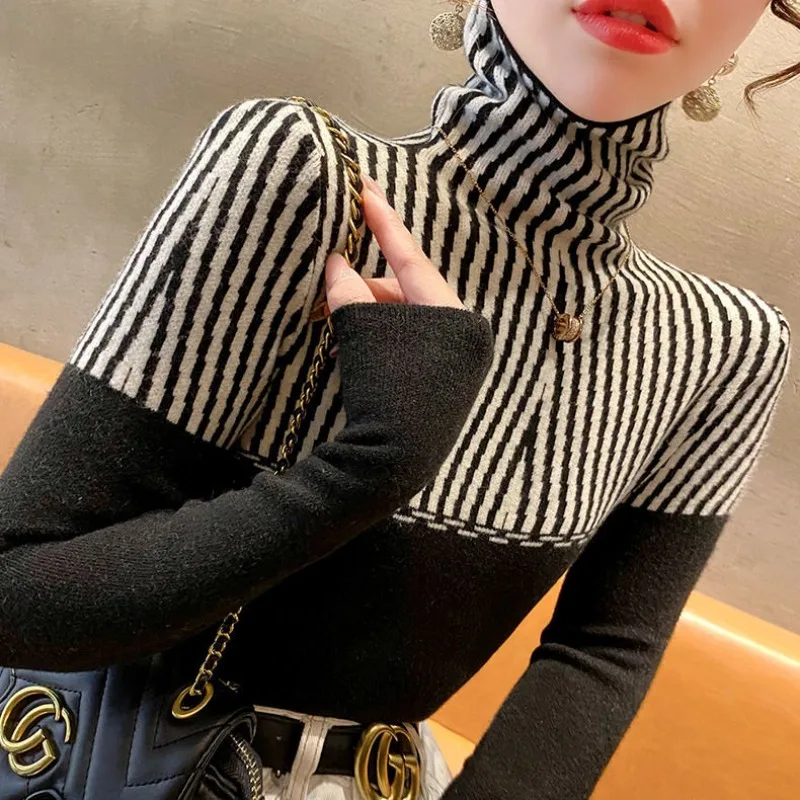 Autumn and Winter Pullover High Neck Screw Thread Tops 2023 New Women's Fashion Patchwork Striped Slim Knit Inner Layer Sweater
Autumn and Winter Pullover High Neck Screw Thread Tops 2023 New Women's Fashion Patchwork Striped Slim Knit Inner Layer Sweater