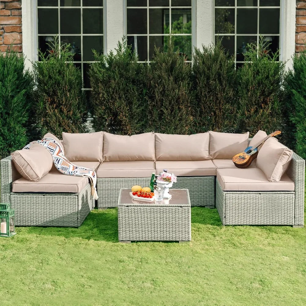 7 Pieces Patio Furniture Set - Outdoor Sectional Wicker Rattan Furniture with Cushion and Glass Table Patio Conversation Sets
7 Pieces Patio Furniture Set - Outdoor Sectional Wicker Rattan Furniture with Cushion and Glass Table Patio Conversation Sets