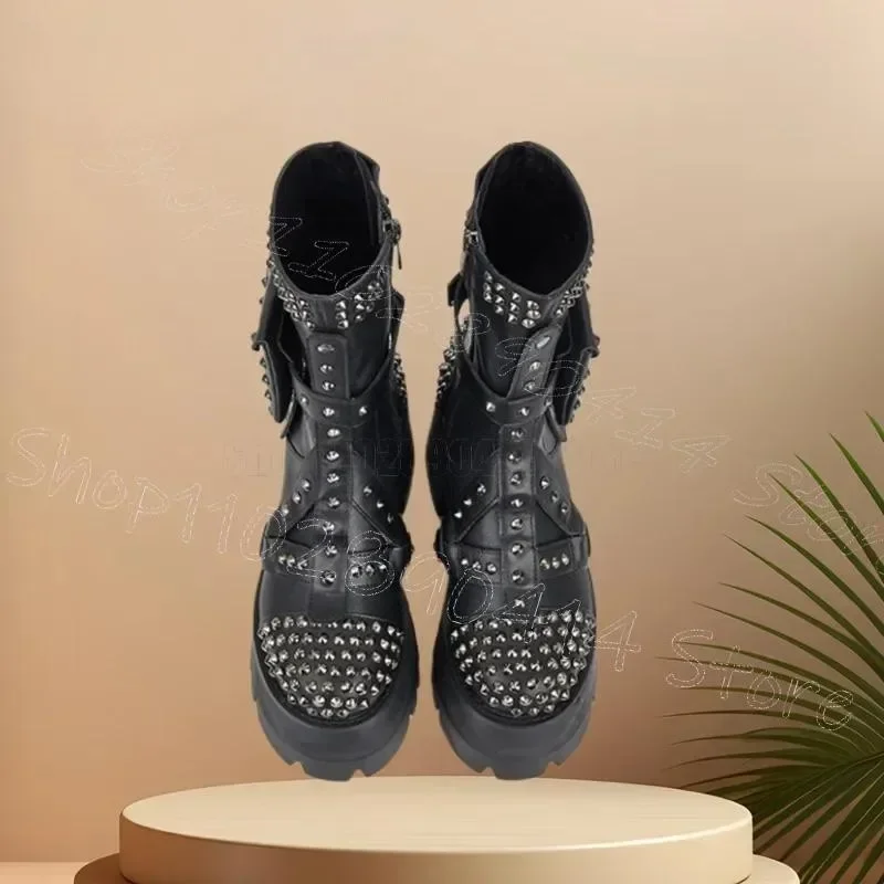Metal Rivets Black Pockets Belt Fastener Boots Side Zipper Women Shoes Chunky Heels Sexy Party Banquet 2026 Zapatos Para Mujere
Metal Rivets Black Pockets Belt Fastener Boots Side Zipper Women Shoes Chunky Heels Sexy Party Banquet 2026 Zapatos Para Mujere