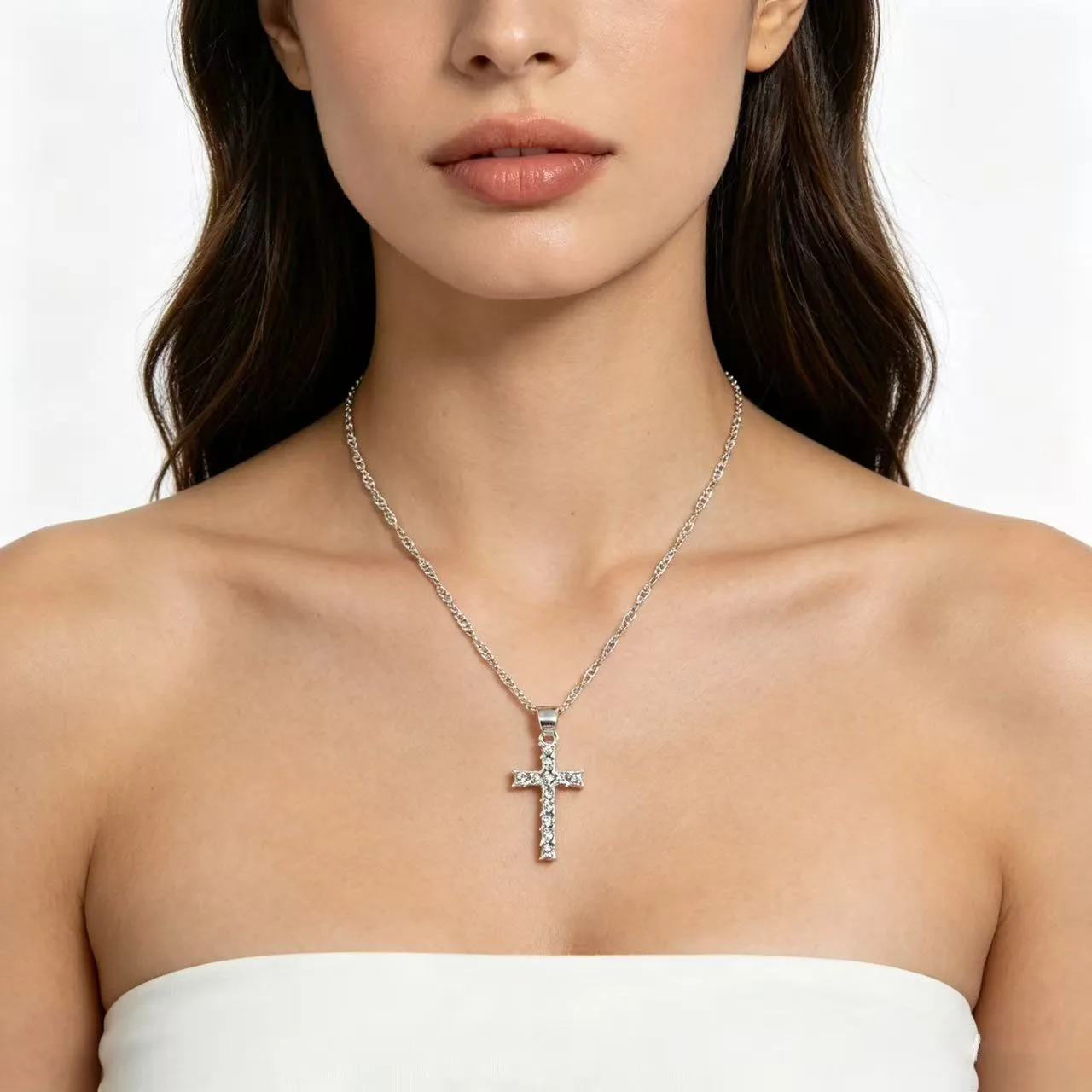 Silver Rhinestone Cross Pendant Necklace Elegant Water Wave Chain Christian Jewelry for Women Daily Accessories
Silver Rhinestone Cross Pendant Necklace Elegant Water Wave Chain Christian Jewelry for Women Daily Accessories