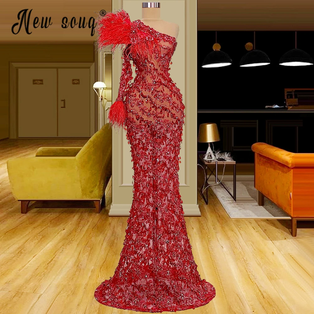 Feathers Red Evening Dress Saudi Arabia One Shoulder Beaded Luxury Prom Gowns Full Sleeves Engagement Party Custom Made Vestido
Feathers Red Evening Dress Saudi Arabia One Shoulder Beaded Luxury Prom Gowns Full Sleeves Engagement Party Custom Made Vestido