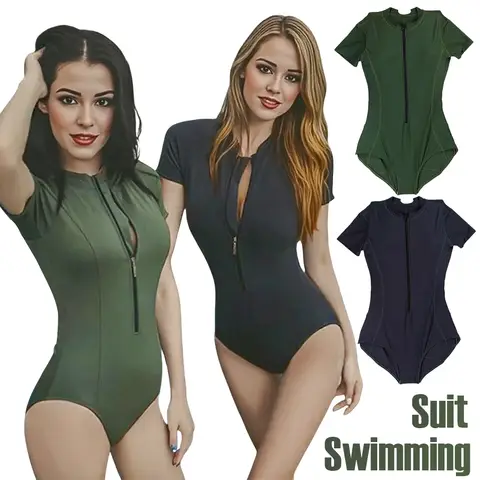 Women Half-sleeve One Piece Swimsuit Modest Swimwear Sun Protection Slimming Hot Spring Bathing Suit Half Zipper Bikinis