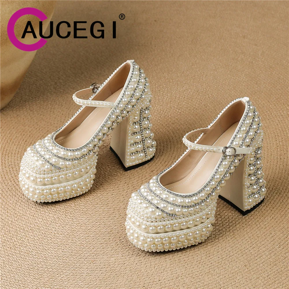 Aucegi New Design Women Beige Pearl-Studded Pumps Delicate Platform Thick High Heels Buckle Strap Square Toe Wedding Party Shoes
Aucegi New Design Women Beige Pearl-Studded Pumps Delicate Platform Thick High Heels Buckle Strap Square Toe Wedding Party Shoes
