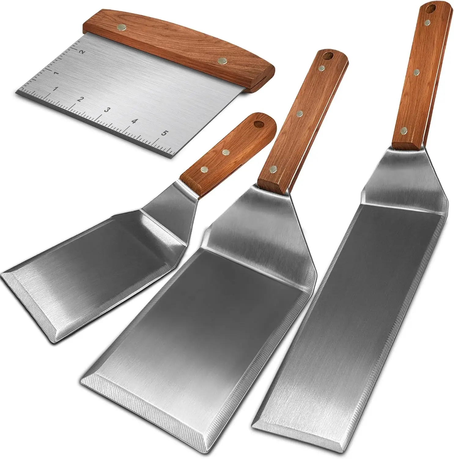Set of 4 Grill Spatula, Metal Spatula with Full Tang Wooden Handle & Beveled Edges for Cast Iron Skillets and Griddle
Set of 4 Grill Spatula, Metal Spatula with Full Tang Wooden Handle & Beveled Edges for Cast Iron Skillets and Griddle