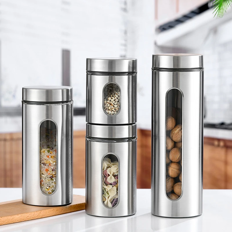 Kitchen Stainless Steel Grain Storage Container Spice Jar Clear Glass Body For Tea Candy Dry Foods Flour Sealed Jars
Kitchen Stainless Steel Grain Storage Container Spice Jar Clear Glass Body For Tea Candy Dry Foods Flour Sealed Jars
