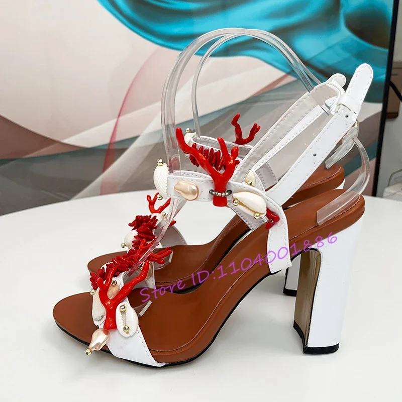 Summer New Thick Heel Sandals Fashion Design Coral Shell Decor 10CM High Heels White Open Toe Ankle Buckle Runway Shoes Big Size
Summer New Thick Heel Sandals Fashion Design Coral Shell Decor 10CM High Heels White Open Toe Ankle Buckle Runway Shoes Big Size