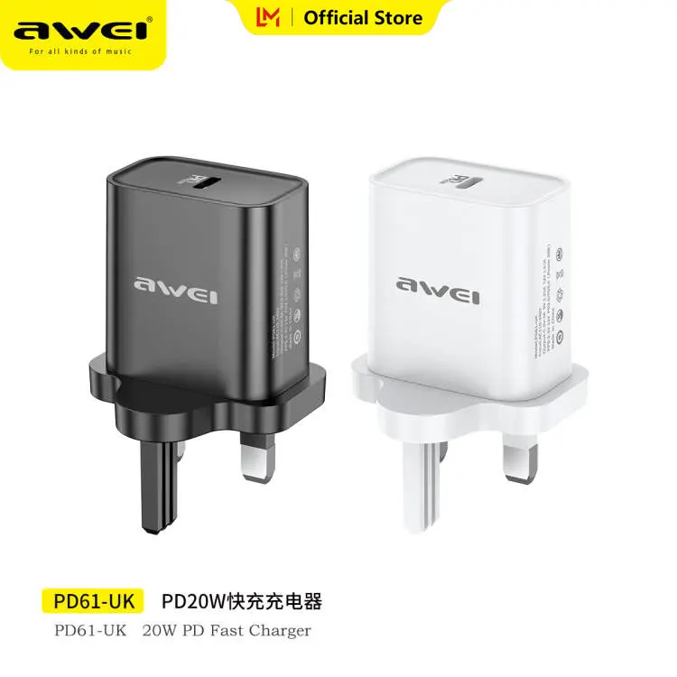 Awei PD61 20W Fast Charging charger Type-C port UK US Plug Adapt to multiple mobile devices for fast charger
Awei PD61 20W Fast Charging charger Type-C port UK US Plug Adapt to multiple mobile devices for fast charger