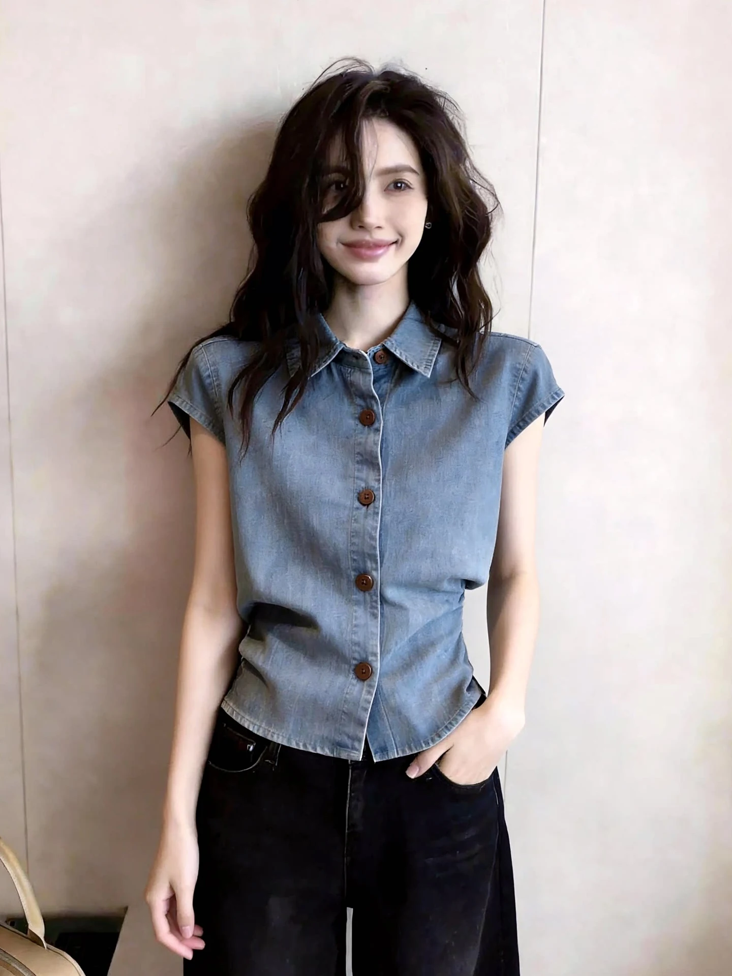 Slimming Neck Pleated Waist Design Summer Fashion Color Trendy Casual Style Single Button Short Sleeve Women's Top
Slimming Neck Pleated Waist Design Summer Fashion Color Trendy Casual Style Single Button Short Sleeve Women's Top