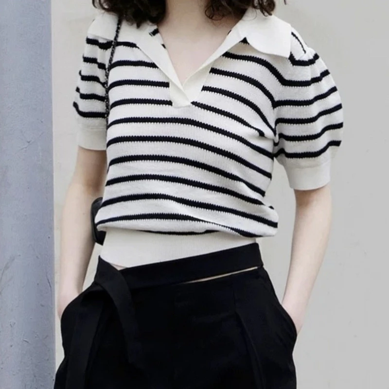 Women's Striped Knit Polo Shirt - Short Sleeve V-Neck Sweater Top Elegant Casual Summer Outfit
Women's Striped Knit Polo Shirt - Short Sleeve V-Neck Sweater Top Elegant Casual Summer Outfit