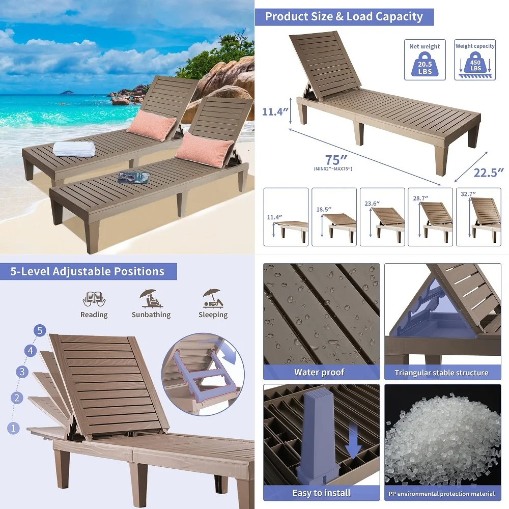 Chaise Lounge 2 PCS, Set of 2 Adjustable Pool Lounge Chair, Waterproof Sun Loungers, All Weather Chaise with 5 Positions Backre
Chaise Lounge 2 PCS, Set of 2 Adjustable Pool Lounge Chair, Waterproof Sun Loungers, All Weather Chaise with 5 Positions Backre