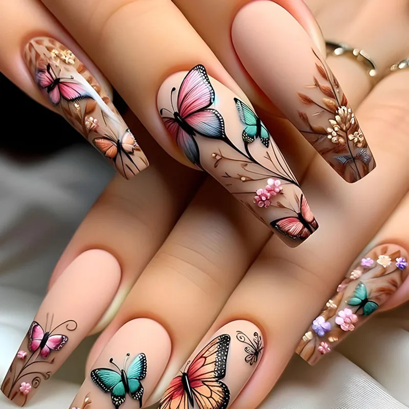 24Pcs Long Square Press on Nails - Violet Embossed Butterflies and Small Flowers with Matte Finish 
24Pcs Long Square Press on Nails - Violet Embossed Butterflies and Small Flowers with Matte Finish