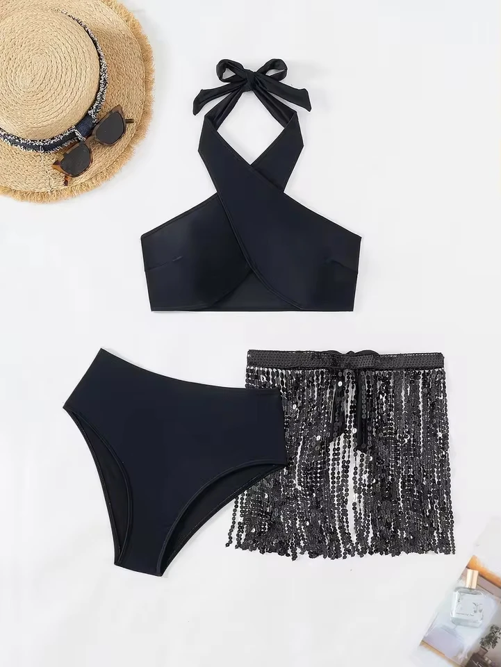 Solid Color Sexy Bikini Halter Cross High Cut with Cover Up Sequin Mesh Skirt Swimsuits Women's Swimwear
Solid Color Sexy Bikini Halter Cross High Cut with Cover Up Sequin Mesh Skirt Swimsuits Women's Swimwear