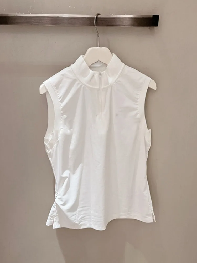 Stand Collar T-Shirt Women Sleeveless Half Zipper 2024 Spring Summer Female White Top
Stand Collar T-Shirt Women Sleeveless Half Zipper 2024 Spring Summer Female White Top