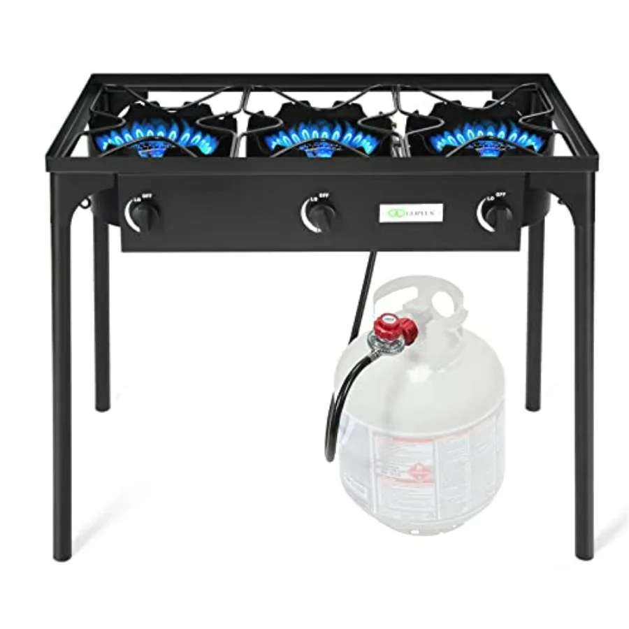 Outdoor camping stove with 3 burners, cast iron construction, black finish, 225000-BTU output, detachable legs and CSA/0-20 PSI
Outdoor camping stove with 3 burners, cast iron construction, black finish, 225000-BTU output, detachable legs and CSA/0-20 PSI
