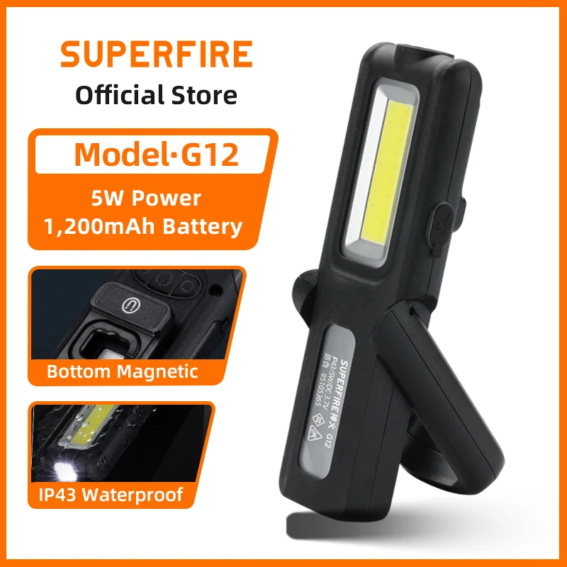 SUPERFIRE G12 Portable COB LED Flashlight USB Rechargeable Work Light Magnetic Lanterna Car Repairing Built-in Battery Torch
SUPERFIRE G12 Portable COB LED Flashlight USB Rechargeable Work Light Magnetic Lanterna Car Repairing Built-in Battery Torch