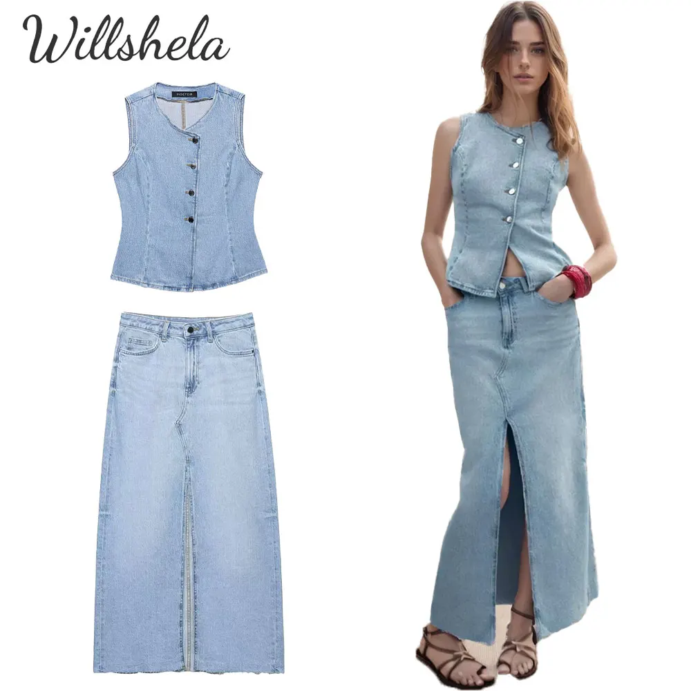 Willshela Women Fashion 2 Pieces Sets Denim Vest Tops Tank and Midi Pencil Skirt Front Slit Female Chic Casual Skirt Coordinates
Willshela Women Fashion 2 Pieces Sets Denim Vest Tops Tank and Midi Pencil Skirt Front Slit Female Chic Casual Skirt Coordinates