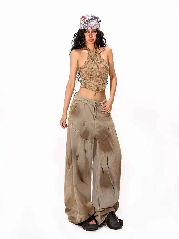 Worn, Dirty Dyed Wide Leg Jeans For Women In Summer, Tacky Style, Spicy Girl, Curved Knife Pants
Worn, Dirty Dyed Wide Leg Jeans For Women In Summer, Tacky Style, Spicy Girl, Curved Knife Pants