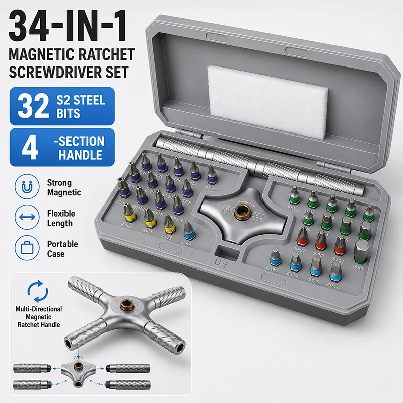 34-in-1 Magnetic Ratchet Screwdriver Kit Alloy Steel Bits Multifunction Repair Tool Set for Electronics Home Appliance Tool Case
34-in-1 Magnetic Ratchet Screwdriver Kit Alloy Steel Bits Multifunction Repair Tool Set for Electronics Home Appliance Tool Case