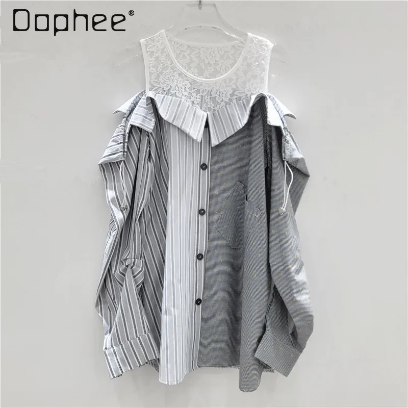 Street Trend Fake Two-piece Off-Shoulder Lace Splicing Polka Dot Striped Long Sleeve Shirt Commuter Fashion Loose Casual Shirts
Street Trend Fake Two-piece Off-Shoulder Lace Splicing Polka Dot Striped Long Sleeve Shirt Commuter Fashion Loose Casual Shirts
