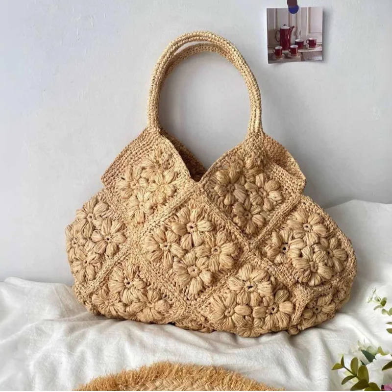Handmade Crochet Straw Tote Bag With Floral Pattern Boho Paper Rope Woven Handbag Large Capacity Open Top Bag For Beach Vacation
Handmade Crochet Straw Tote Bag With Floral Pattern Boho Paper Rope Woven Handbag Large Capacity Open Top Bag For Beach Vacation