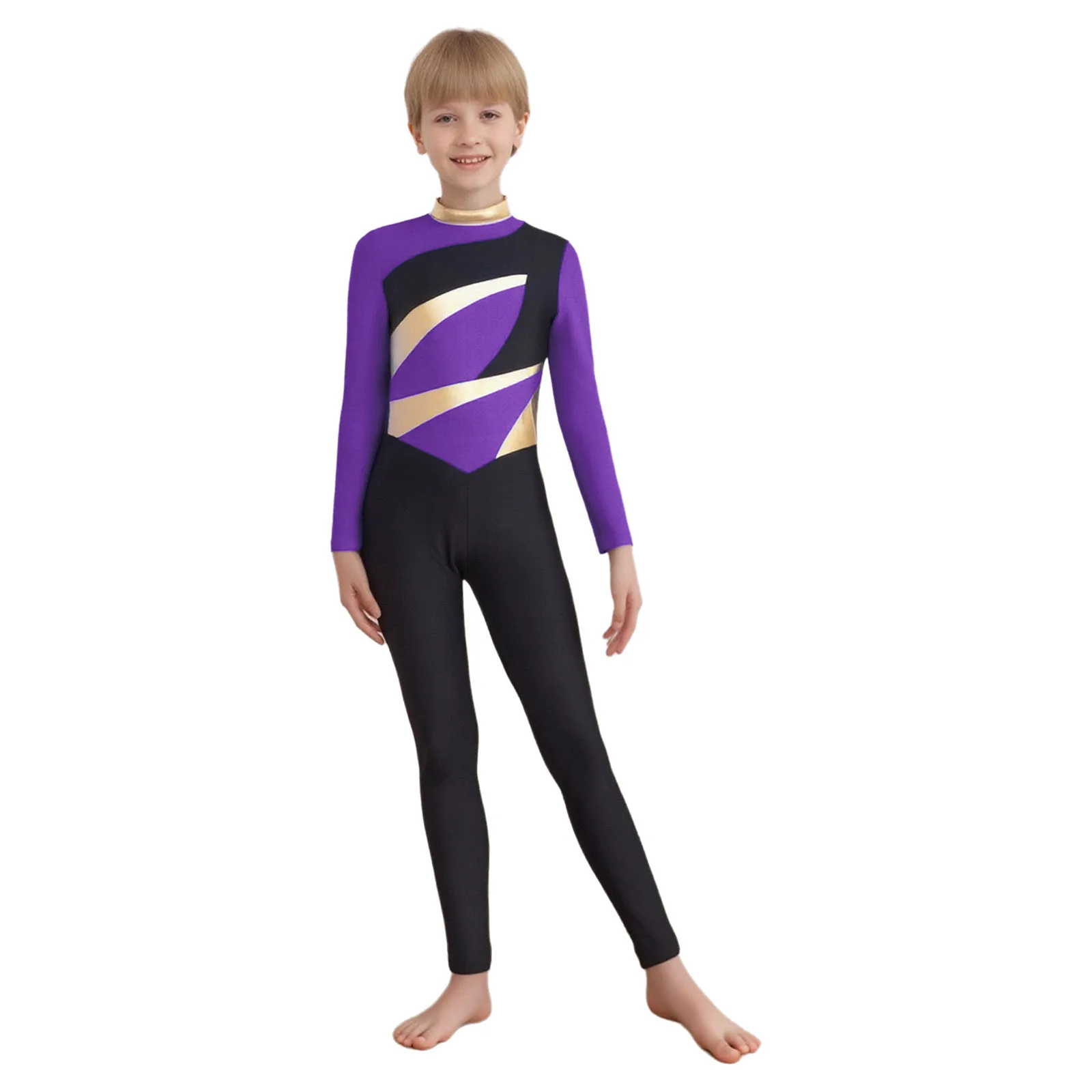 Boys Color Block Gymnastics Jumpsuit Metallic Mock Neck Long Sleeve Bodysuit for Figure Skating Dance Performance Competition
Boys Color Block Gymnastics Jumpsuit Metallic Mock Neck Long Sleeve Bodysuit for Figure Skating Dance Performance Competition