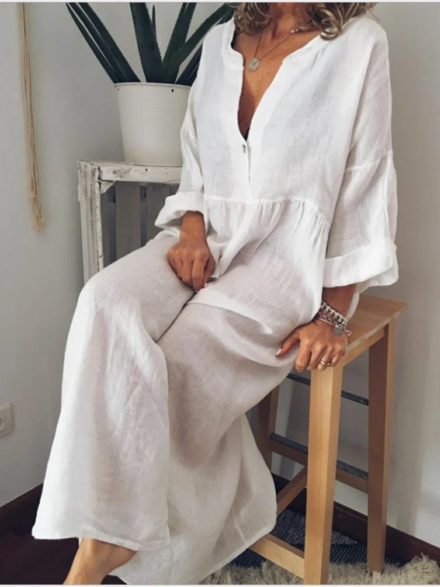 Women V Neck Solid Mid Calf Dress Office Lady Loose Waist Long Sleeve Swing Dresses
Women V Neck Solid Mid Calf Dress Office Lady Loose Waist Long Sleeve Swing Dresses