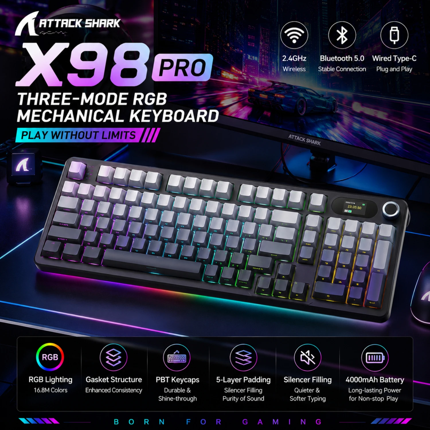 SHARK X98pro Wireless Mechanical Keyboard | LED Smart Display & Control Knob, Hot-Swappable, Pre-lubed Linear Switches, RGB
SHARK X98pro Wireless Mechanical Keyboard | LED Smart Display & Control Knob, Hot-Swappable, Pre-lubed Linear Switches, RGB