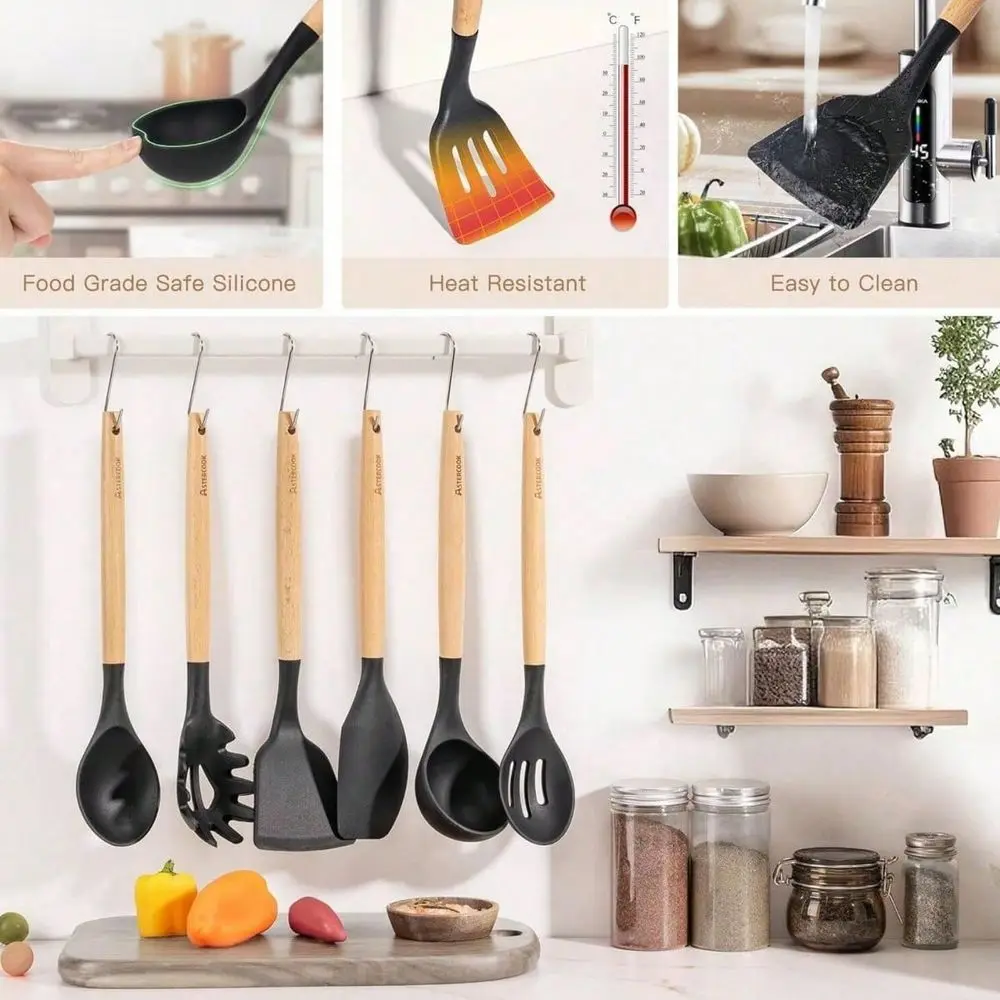 Pcs Super CostEffective Kitchen Cooking Tool Set Made Of Silicone Material With Wooden Handle, Resistant To High Temperatures,
Pcs Super CostEffective Kitchen Cooking Tool Set Made Of Silicone Material With Wooden Handle, Resistant To High Temperatures,