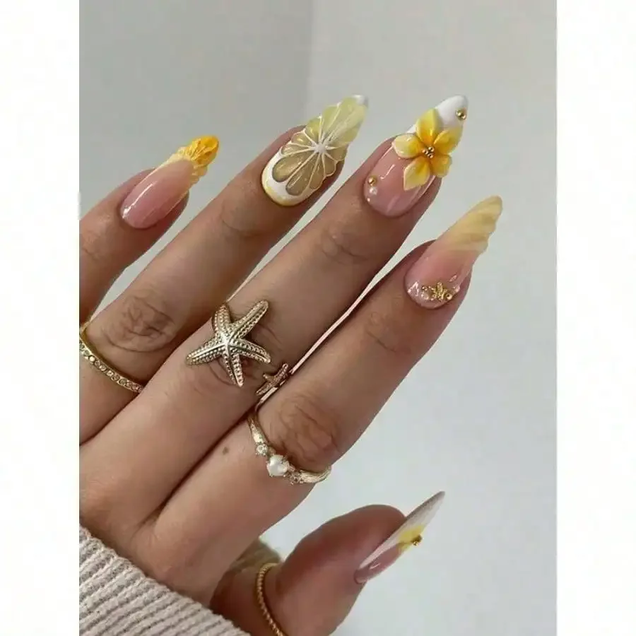 24Pcs/Set French Almond Shaped Ocean Style Elegant 3D Fresh Lemon Flower Gradient Polka Dot Sweet Press-On Full Cover Fake Nails With 1Pc Jelly Gel And 1Pc Nail File, Adding A Romantic Touch To Make You Look Sweet, Suitable For Daily Dates Nail Supplies
24Pcs/Set French Almond Shaped Ocean Style Elegant 3D Fresh Lemon Flower Gradient Polka Dot Sweet Press-On Full Cover Fake Nails With 1Pc Jelly Gel And 1Pc Nail File, Adding A Romantic Touch To Make You Look Sweet, Suitable For Daily Dates Nail Supplies