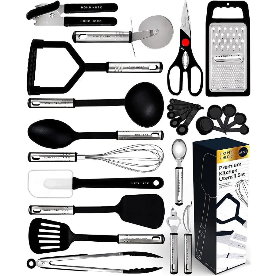 25 Pcs Silicone Spatula Kitchen Utensils Set - Stainless Steel and Nylon, Black
25 Pcs Silicone Spatula Kitchen Utensils Set - Stainless Steel and Nylon, Black