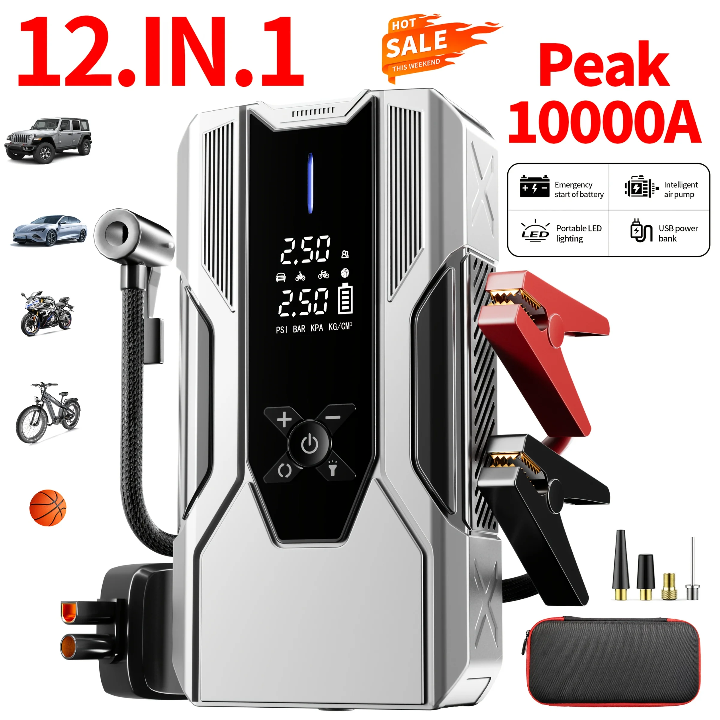 WANBILU 10000A, 12-in-1 Multi-functional Vehicle Emergency Start Power Supply, Ignition Device, Suitable For Cars, Motorcycles, SUVs, Diesel Engine Emergency Start Power Supply, Tire Inflation, Car Battery Charger, With Air PumpFlashlight
WANBILU 10000A, 12-in-1 Multi-functional Vehicle Emergency Start Power Supply, Ignition Device, Suitable For Cars, Motorcycles, SUVs, Diesel Engine Emergency Start Power Supply, Tire Inflation, Car Battery Charger, With Air PumpFlashlight