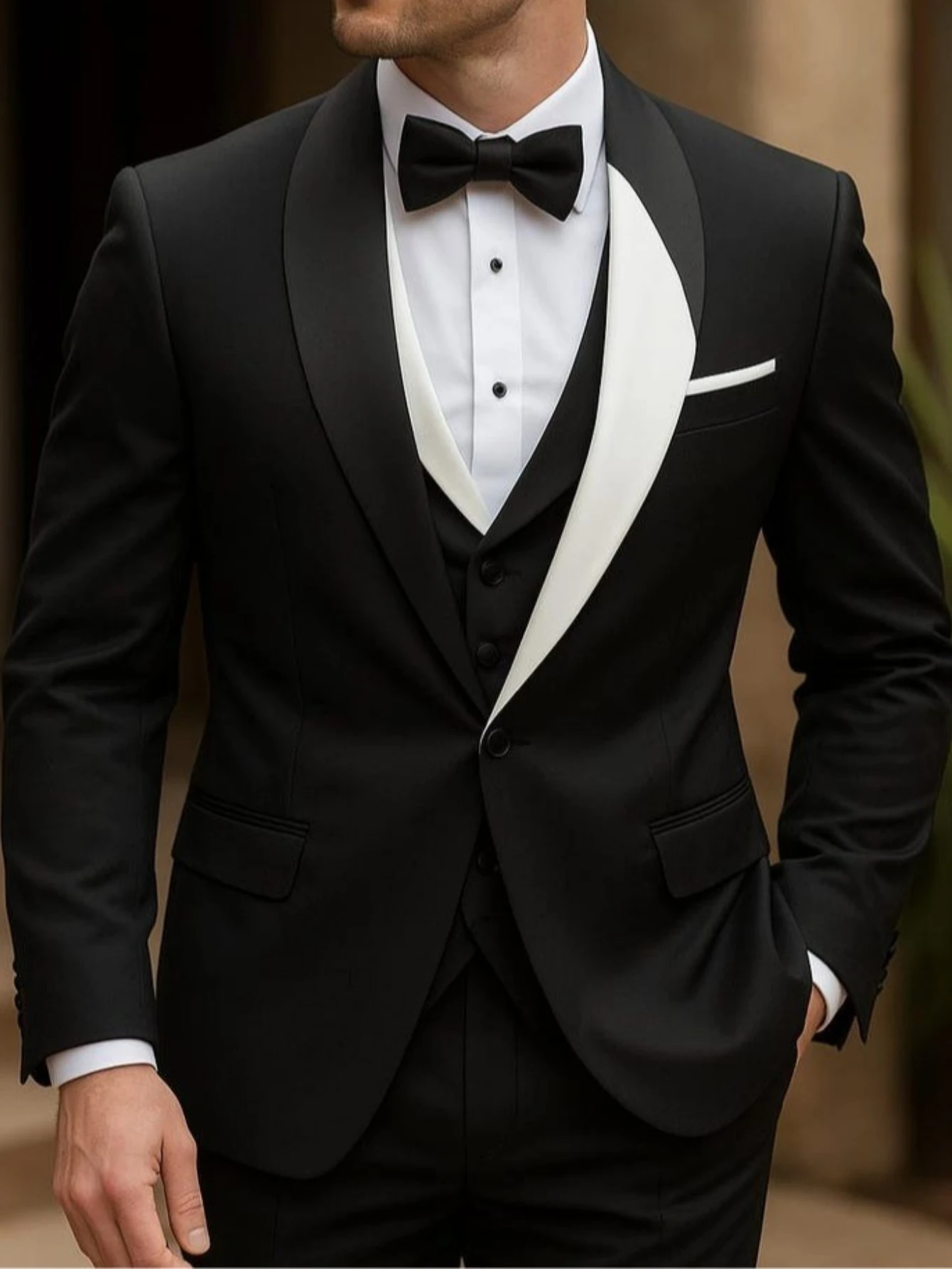 Men’s Black 3 Piece Tuxedo Suit with White Lapel Luxury Slim Fit Wedding Prom Suit Custom Tailored Formal Wear
Men’s Black 3 Piece Tuxedo Suit with White Lapel Luxury Slim Fit Wedding Prom Suit Custom Tailored Formal Wear