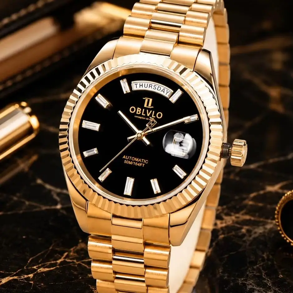 OBLVLO Men Automatic Watch 40mm Gold Mechanical Wristwatch 50m Waterproof Sapphire Mirror Luminous Miyota 8215
OBLVLO Men Automatic Watch 40mm Gold Mechanical Wristwatch 50m Waterproof Sapphire Mirror Luminous Miyota 8215