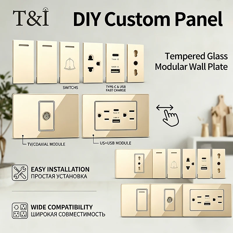 T&I Tempered Glass 2x4 inch DIY Modular Wall Plate Including NEMA 5-15R Duplex Outlet and Combination with US/EU/Italy/Chile
T&I Tempered Glass 2x4 inch DIY Modular Wall Plate Including NEMA 5-15R Duplex Outlet and Combination with US/EU/Italy/Chile