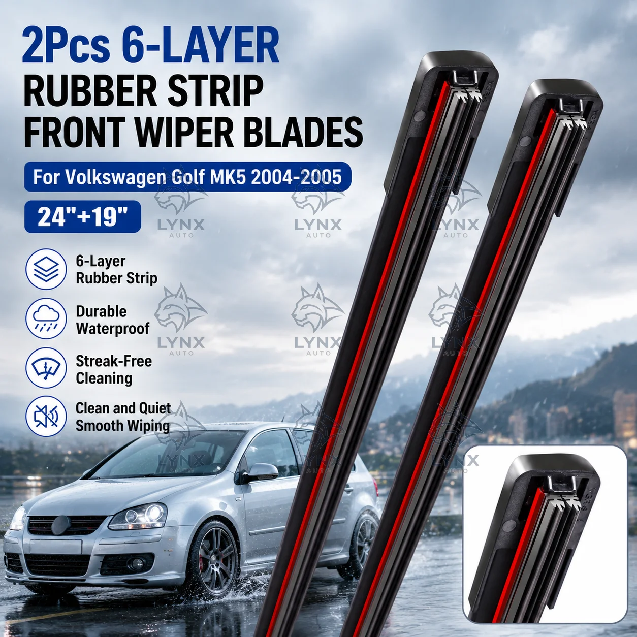 2Pcs 6-Layer Rubber Strip Front Wiper Blades For Volkswagen Golf MK5 2004-2005 Windshield 24"+19" Durable Easy Install
2Pcs 6-Layer Rubber Strip Front Wiper Blades For Volkswagen Golf MK5 2004-2005 Windshield 24"+19" Durable Easy Install