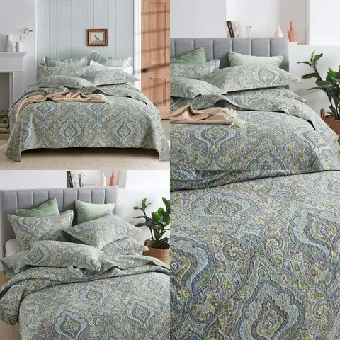 King Size Autumn Dream Cotton Quilt Set, 3-Piece Reversible Comforter Coverlet, Classical Damask Paisley Design