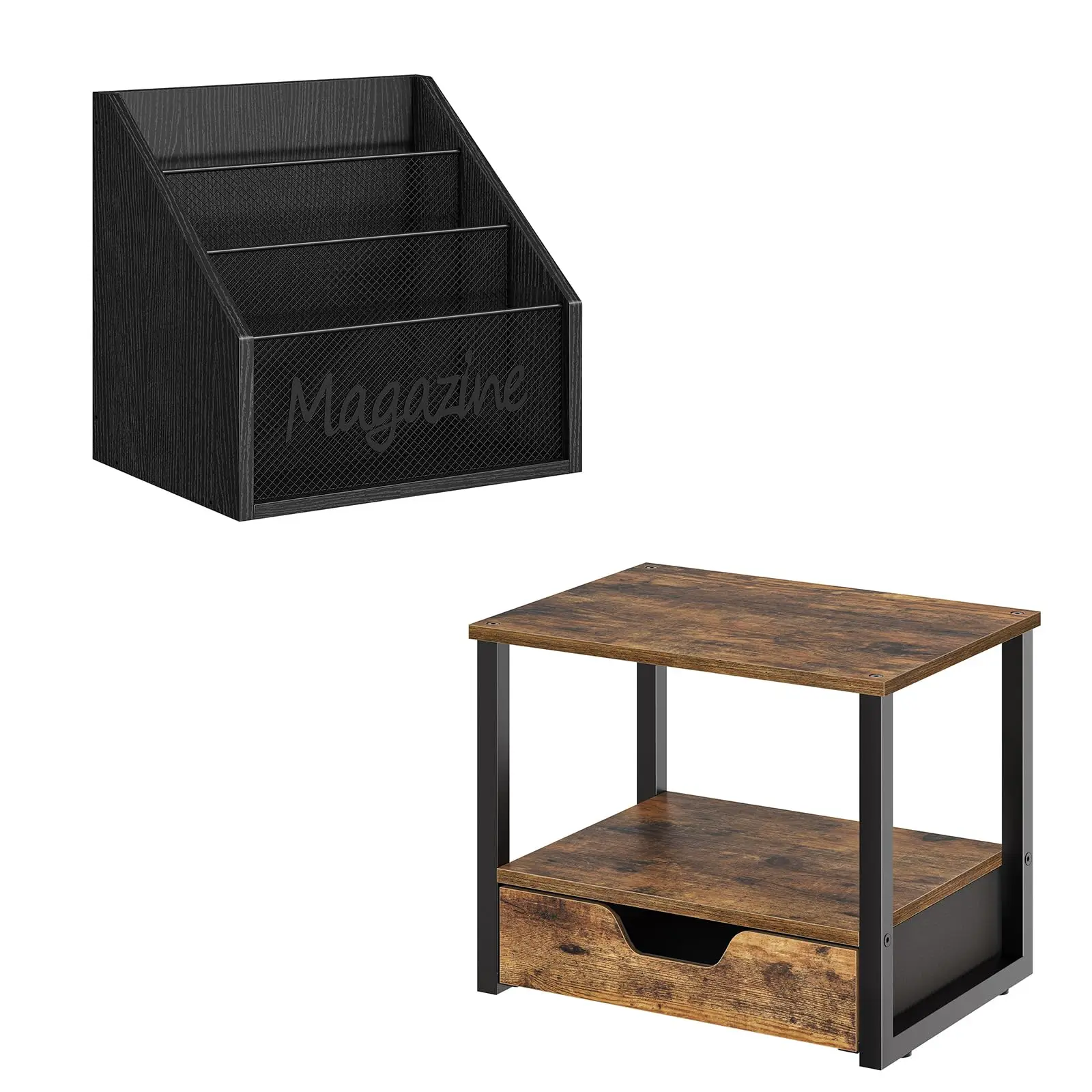 Wooden Magazine Organizer With Mesh Compartments And 2-Tier Storage Table Featuring Drawer
Wooden Magazine Organizer With Mesh Compartments And 2-Tier Storage Table Featuring Drawer
