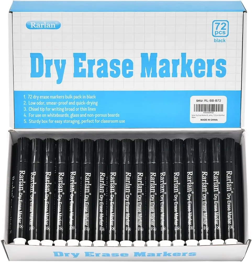 Dry Erase Markers Bulk, Chisel Tip, Black, 72 Count for Whiteboards & Glass
Dry Erase Markers Bulk, Chisel Tip, Black, 72 Count for Whiteboards & Glass