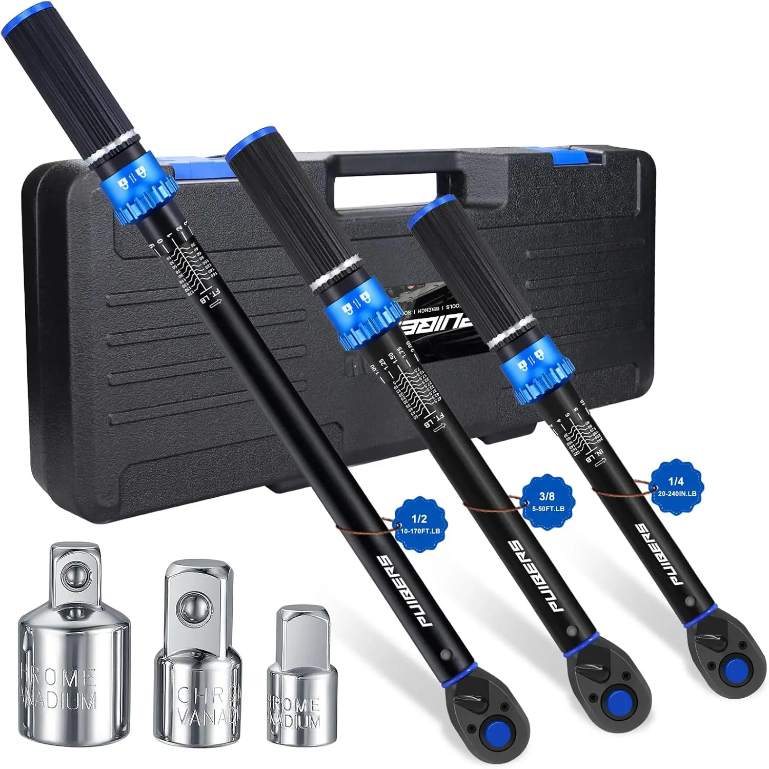 3-Piece Torque Wrench Set with Adapters for Bike, Car, Truck - 1/2, 3/8, 1/4 Inch Drives
3-Piece Torque Wrench Set with Adapters for Bike, Car, Truck - 1/2, 3/8, 1/4 Inch Drives