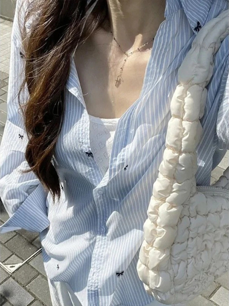 HOUZHOU Blue Striped Bow Long-Sleeve Shirt Korean Style Women Loose-Fit Stylish Versatile Blouses Sweet Spring Autumn Clothing
HOUZHOU Blue Striped Bow Long-Sleeve Shirt Korean Style Women Loose-Fit Stylish Versatile Blouses Sweet Spring Autumn Clothing