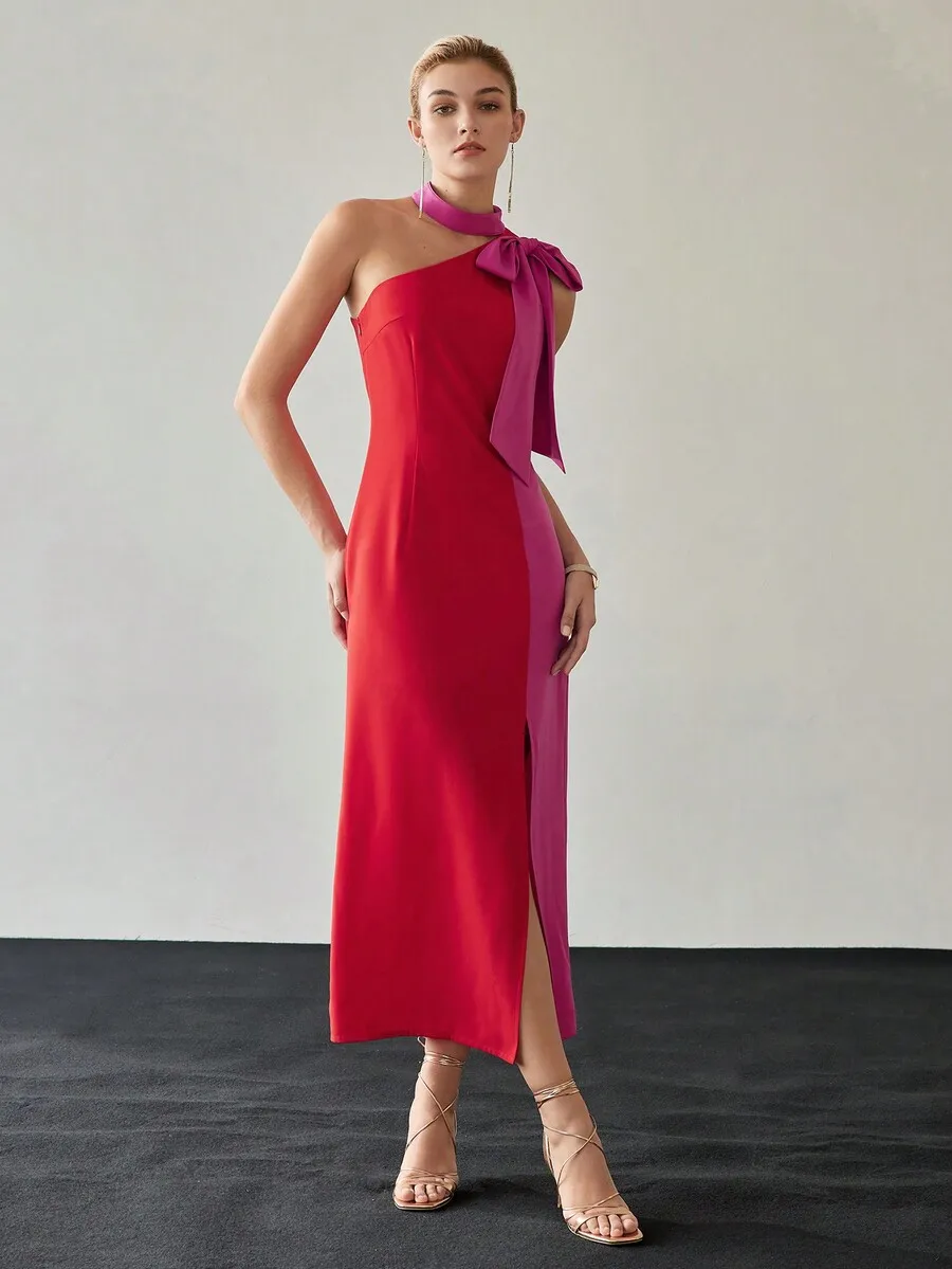 Sleeveless Two-Tone Maxi Dress Featuring Asymmetrical Halter Neck And Prominent Bow Accent
Sleeveless Two-Tone Maxi Dress Featuring Asymmetrical Halter Neck And Prominent Bow Accent
