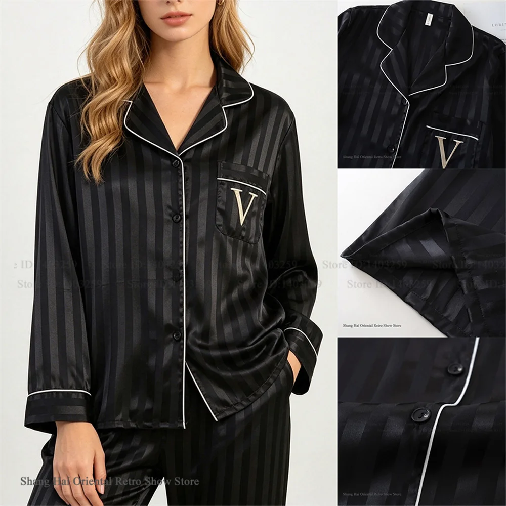 Rose Red Striped Embroidery Pajamas Trouser Suits Womens Matching Sets Spring Autumn Sleepwear Homewear Silky Satin Loungewear
Rose Red Striped Embroidery Pajamas Trouser Suits Womens Matching Sets Spring Autumn Sleepwear Homewear Silky Satin Loungewear